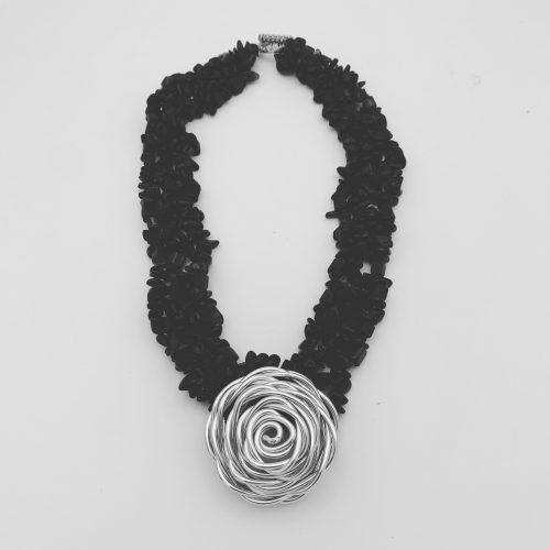 Black onyx and aluminum rosette necklace